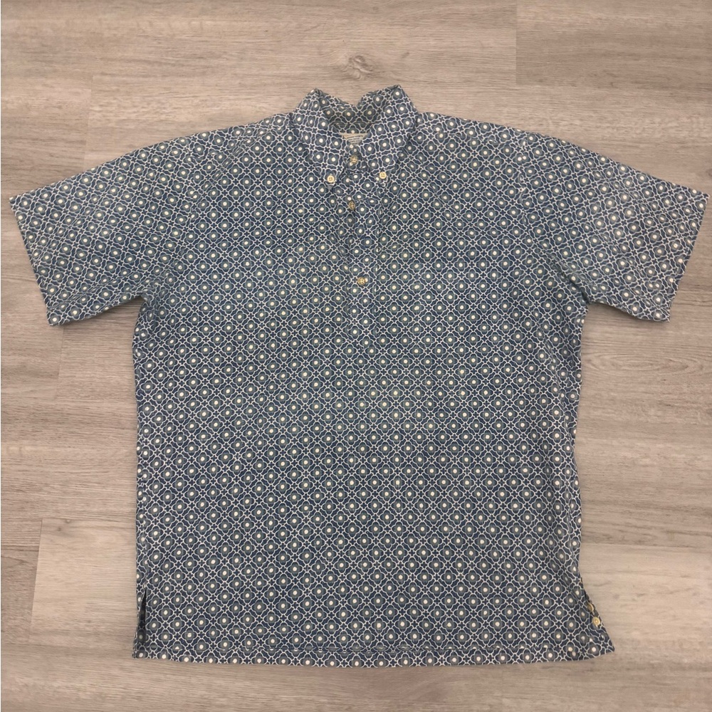 Reyn Spooner Mens M Hawaiian Button Shirt Floral Geo Men's Blue Commemorative